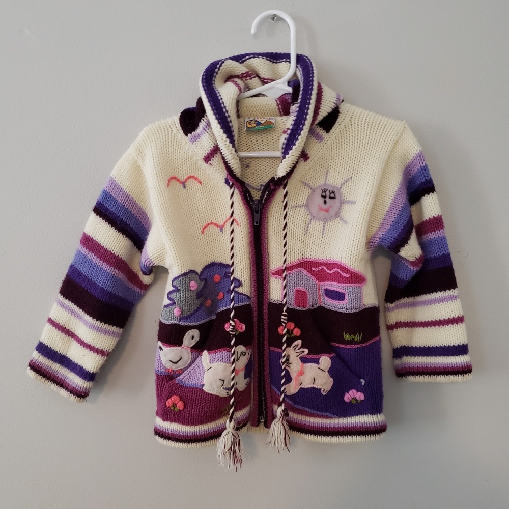 Peruvian Wool Toddler Girls Sweater Jacket 2T Hood Animals Embroidered Zip Up